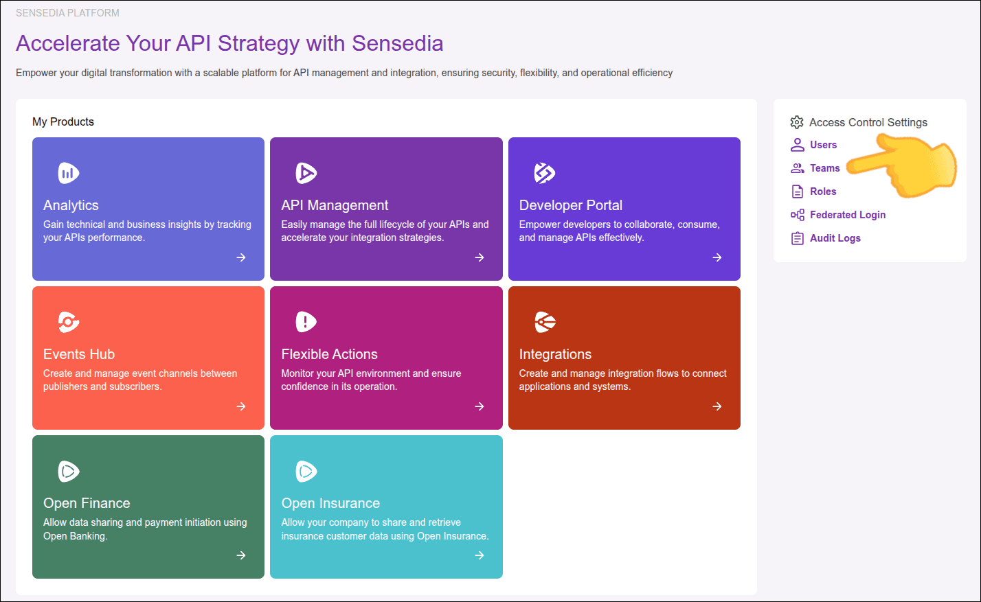 highlight for the Teams link on the Platform home screen