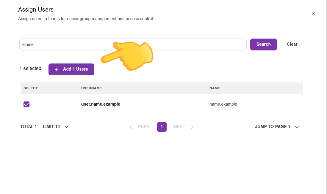 highlight for the assign users button in the modal screen