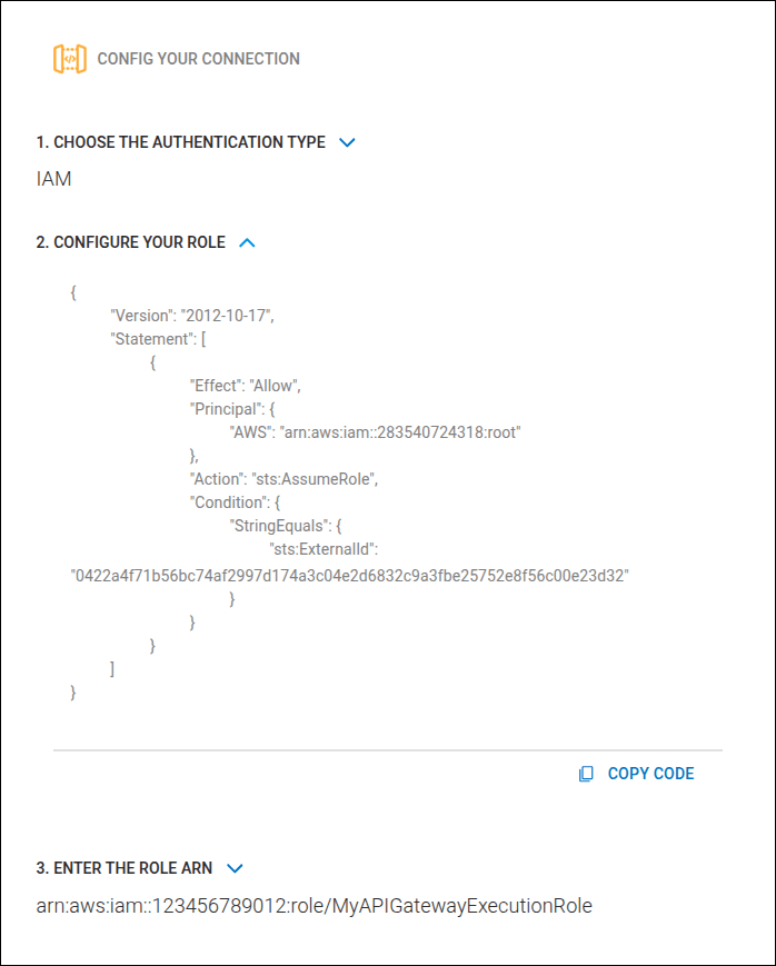 detail of the configuration screen with fields for Configure your role and Role ARN