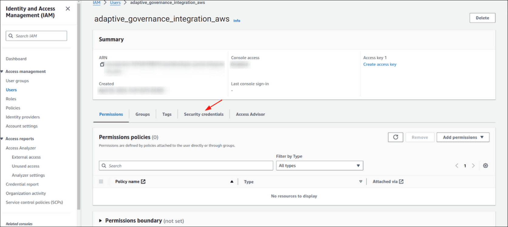 AWS security credentials screen
