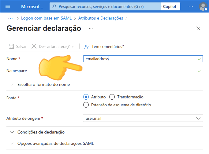 location of the email field without the namespace filled