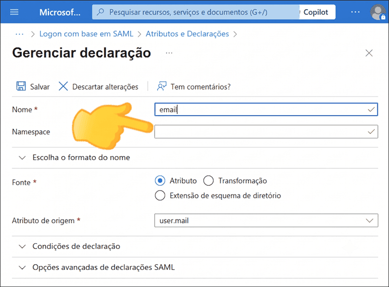 location of the email field without the namespace filled