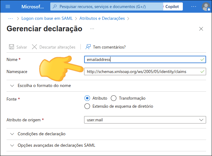 location of the email field with the namespace filled