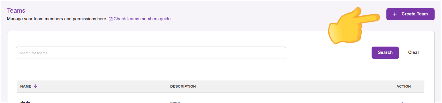 highlight for the Create Team button on the Teams screen