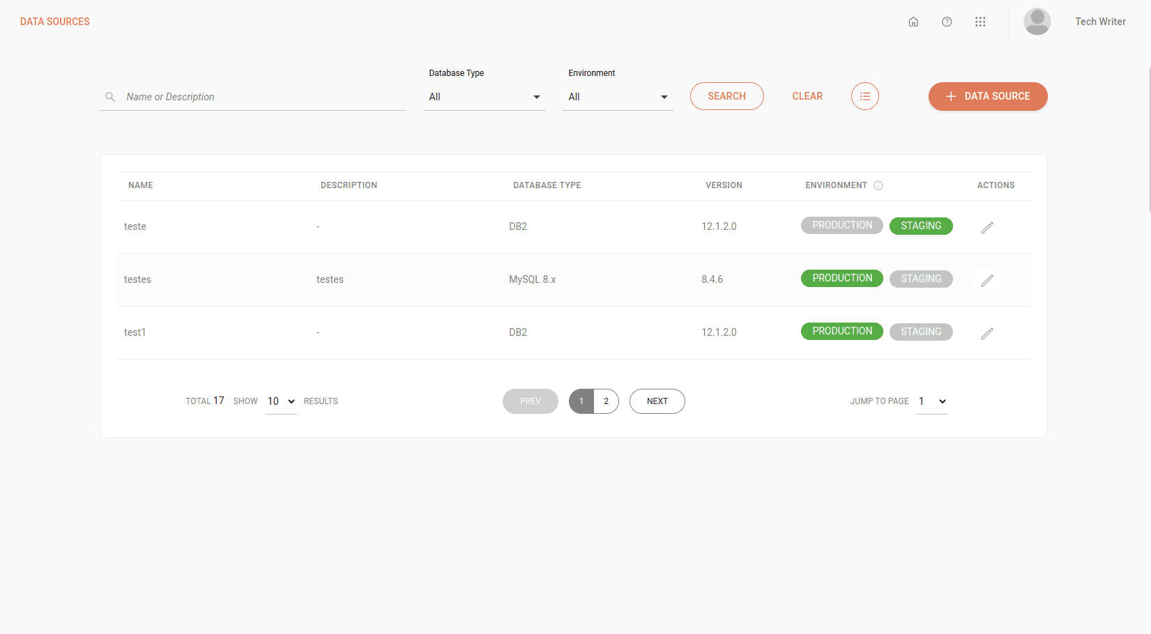 Image of the Data Sources screen with registered data sources