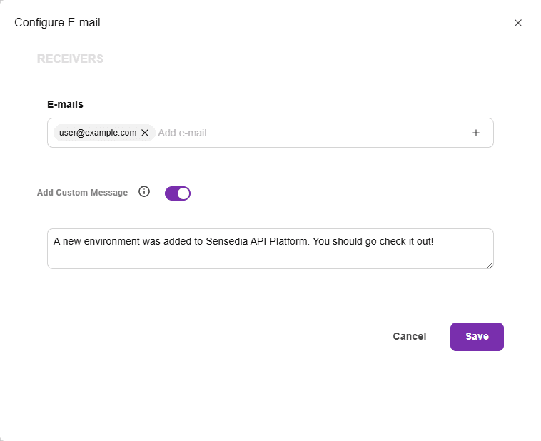 Slack configuration screen with custom message