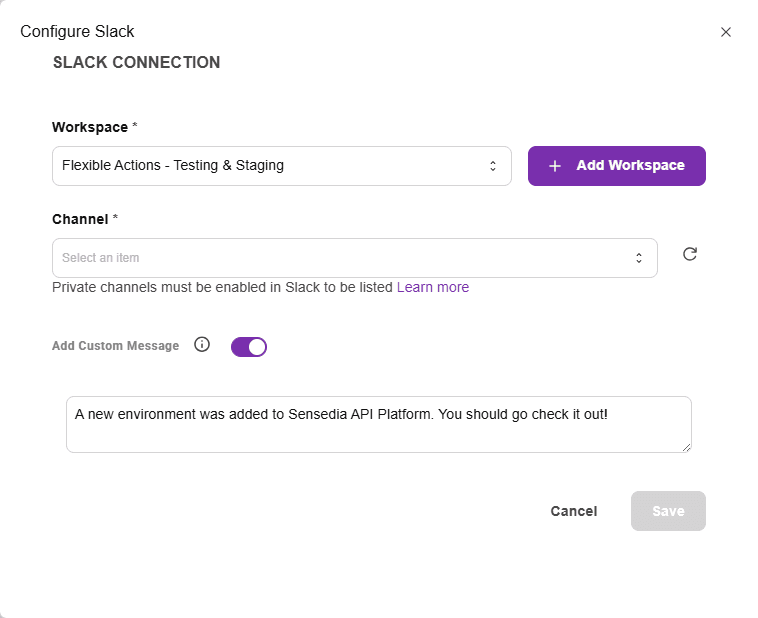 Slack configuration screen with custom message