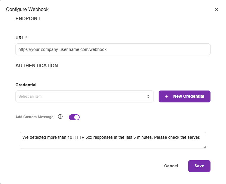 webhook configuration example with custom message