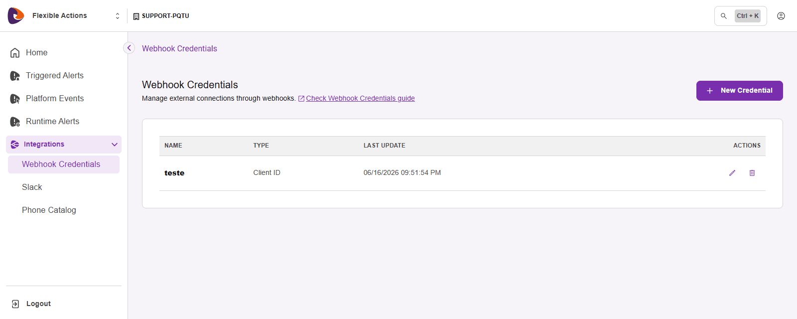Webhook Credentials Table