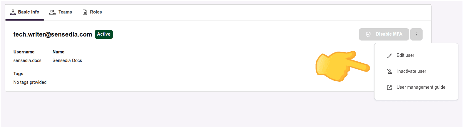 Action menu on the user edit screen