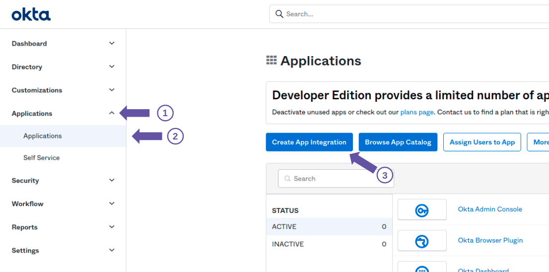 location of the Applications menu within Applications and the Create App Integration button