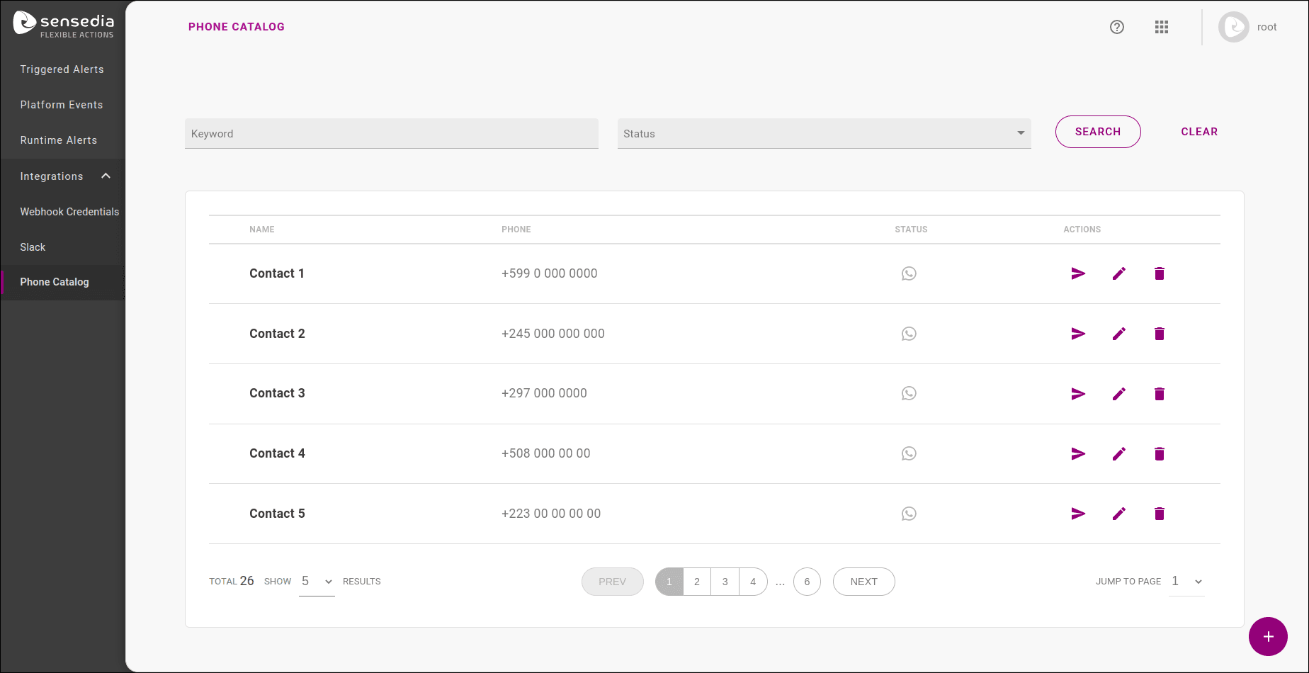 Integrations: WhatsApp contacts listing and configuration