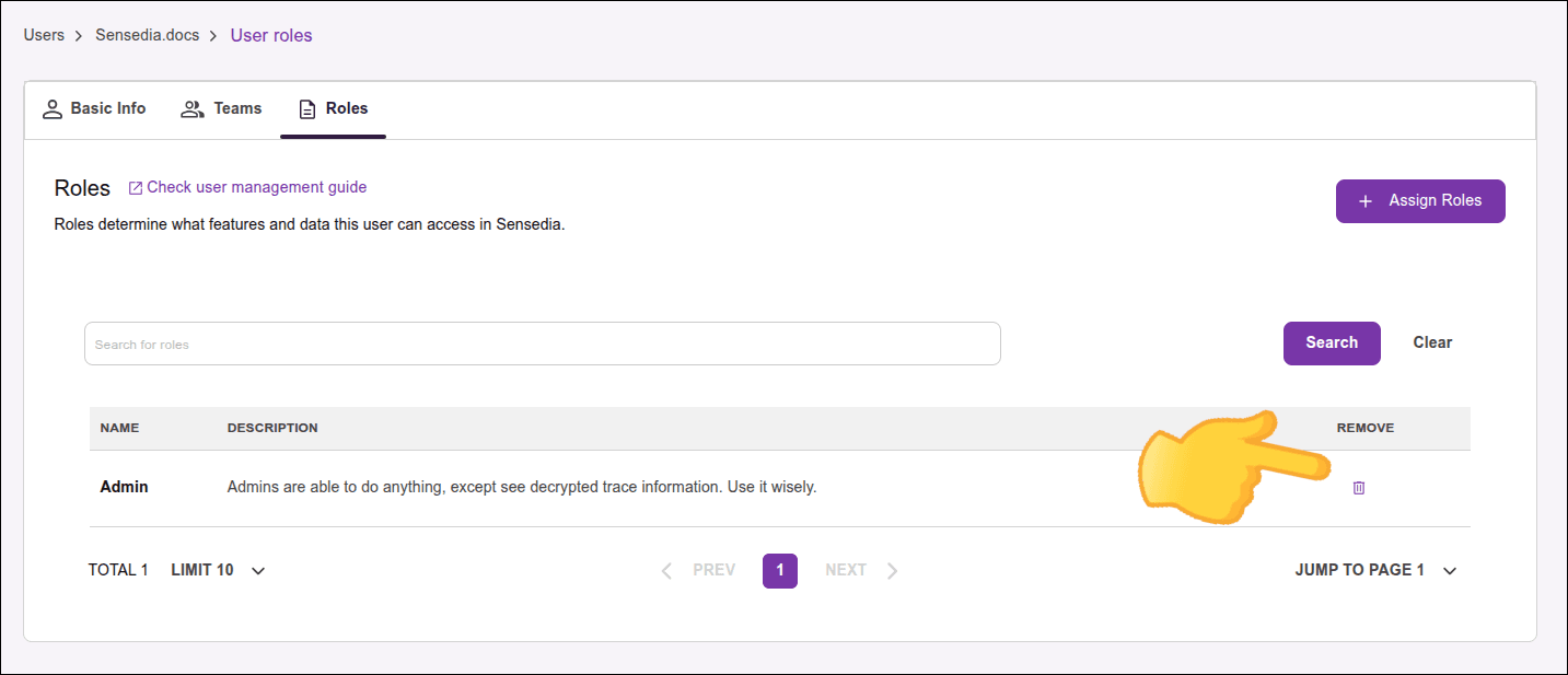 Highlight for Remove Team or Remove Role