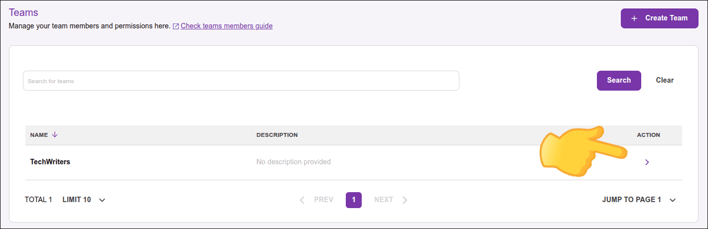 highlight for the Edit Team button on the Teams screen