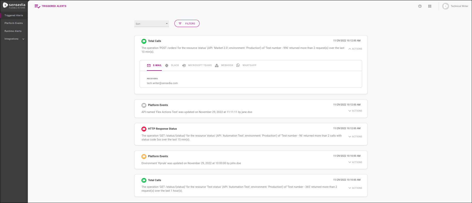 Triggered alerts listing screen
